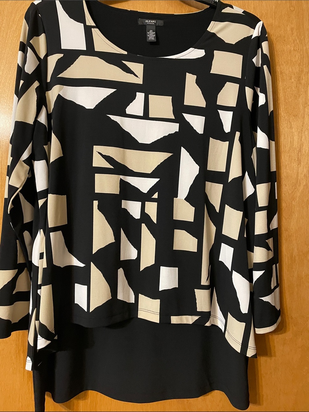 Alfani Black Cream White Abstract Geometric Layered Tunic